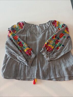 Floreat Black-and-White Striped Tunic with Red and Yellow Floral Embroidery